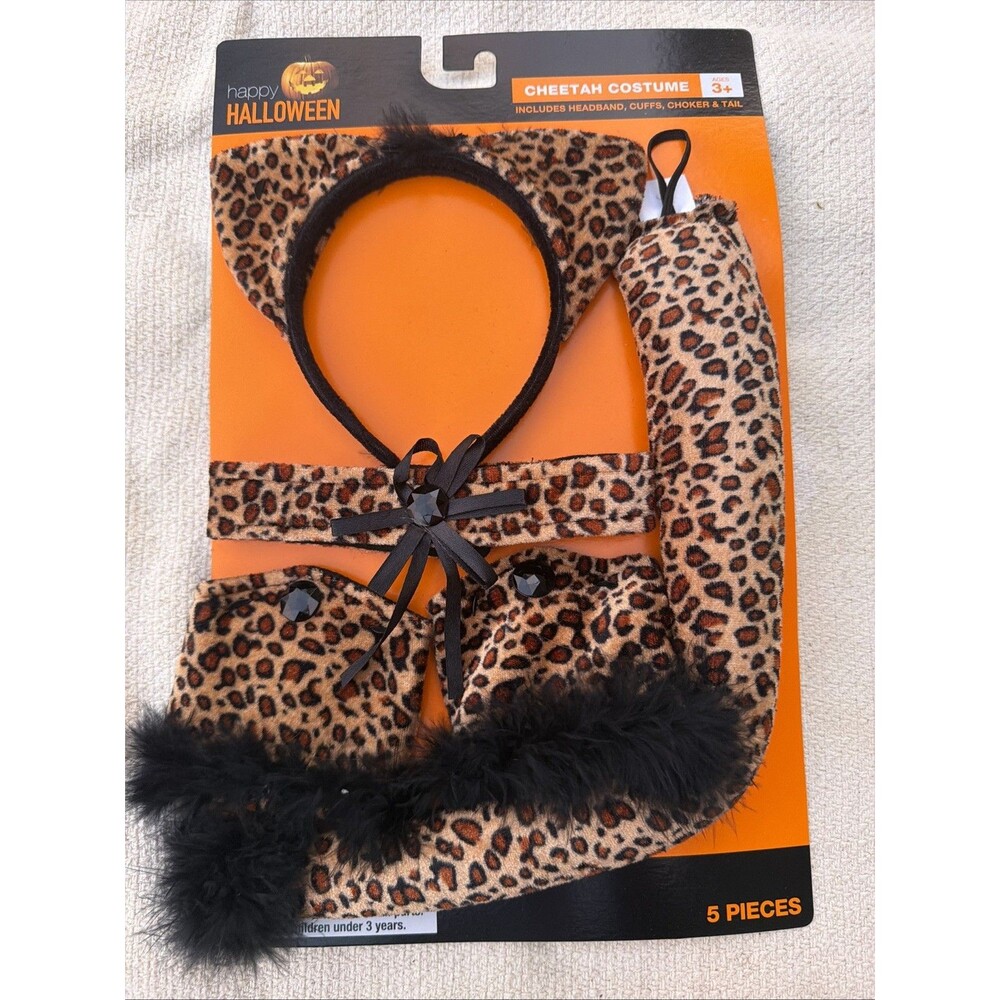 Happy Halloween Cheetah Costume Set 5pc Headband Cuffs Choker Tail Leopard Print